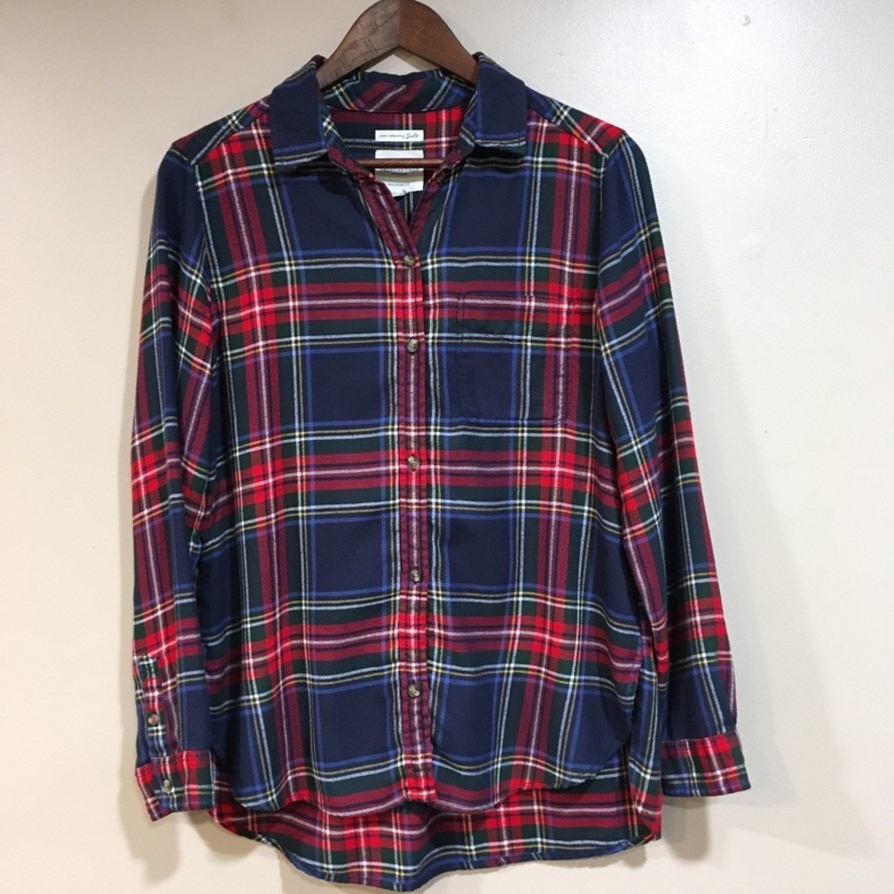 American Eagle Womens M Boyfriend Fit Plaid Flannel Shirt Navy Red Green Grunge‎